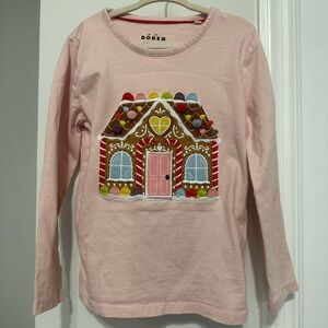 Mini Boden Light Pink Kids Long Sleeve with Gingerbread House